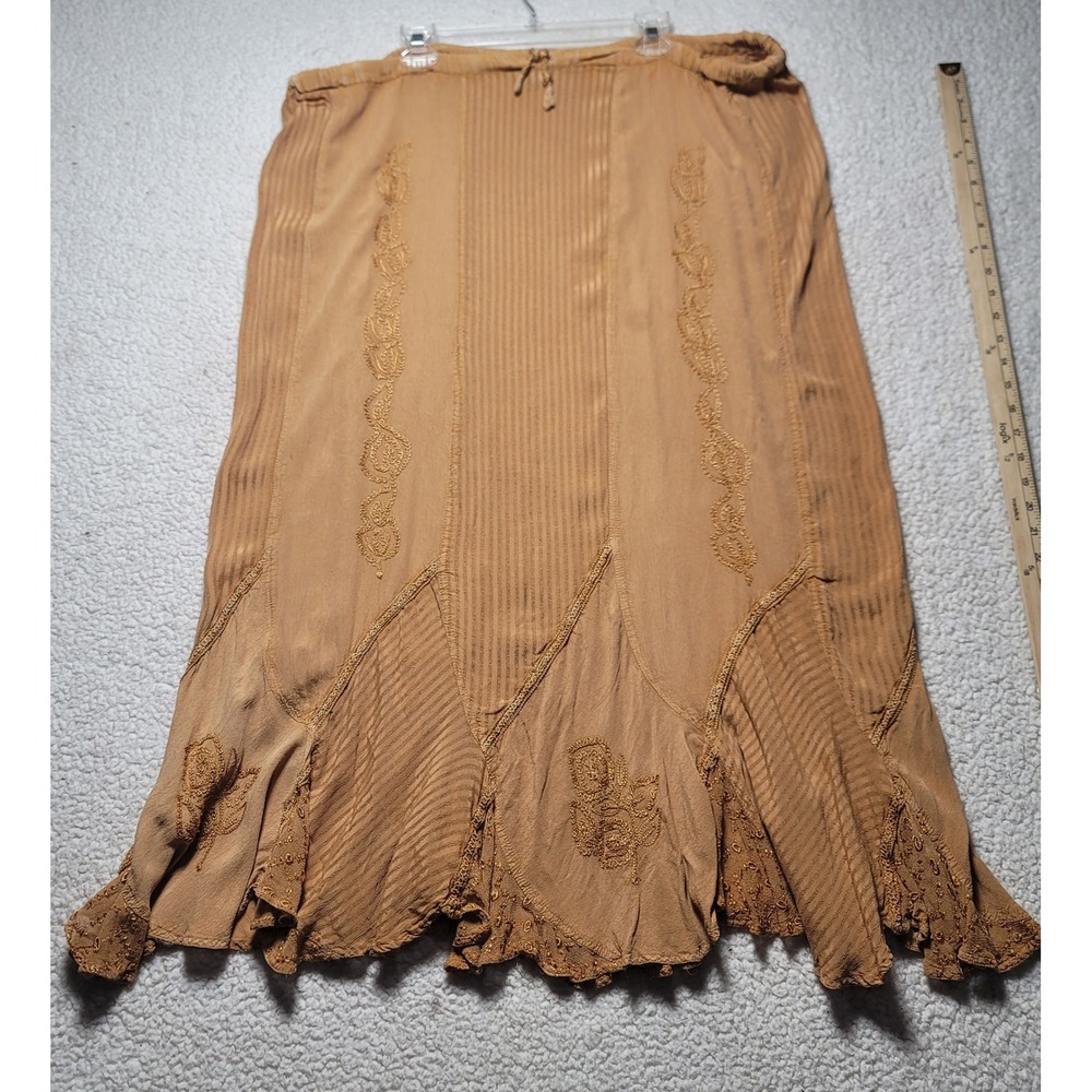 Advance Apparel Tan Embroidered Boho Maxi Skirt Rayon Free Size Cottagecore